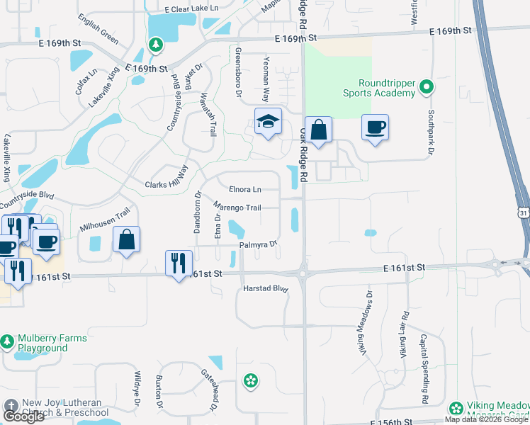 map of restaurants, bars, coffee shops, grocery stores, and more near 526 Marengo Trail in Westfield