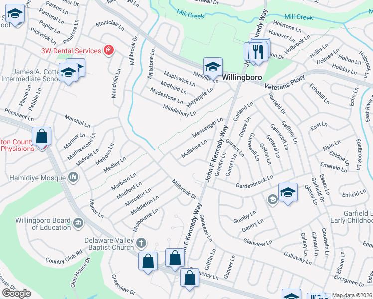 map of restaurants, bars, coffee shops, grocery stores, and more near 37 Messenger Lane in Willingboro