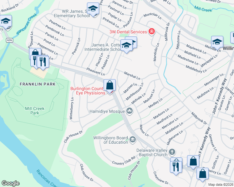 map of restaurants, bars, coffee shops, grocery stores, and more near 32 Marchmont Lane in Willingboro