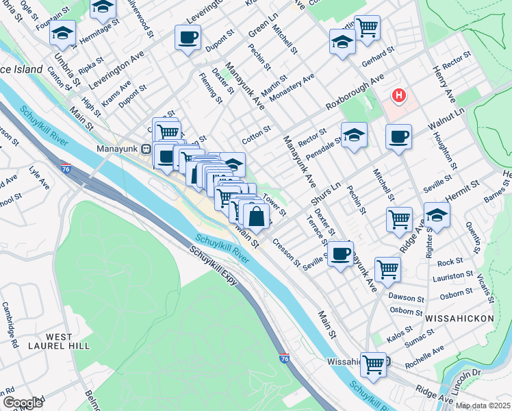 map of restaurants, bars, coffee shops, grocery stores, and more near 4149 Apple Street in Philadelphia