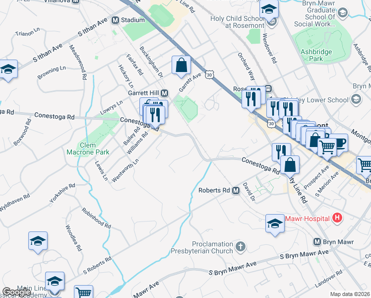 map of restaurants, bars, coffee shops, grocery stores, and more near 946 Conestoga Road in Bryn Mawr