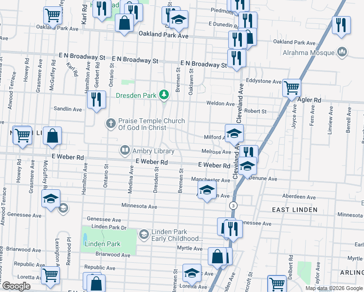 map of restaurants, bars, coffee shops, grocery stores, and more near 2820 Bremen Street in Columbus