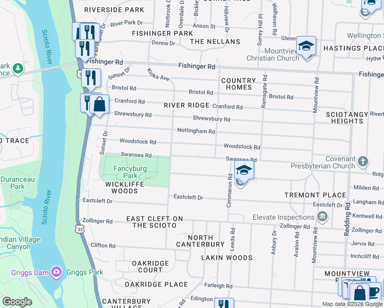 map of restaurants, bars, coffee shops, grocery stores, and more near 2529 Woodstock Road in Columbus