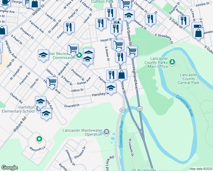 map of restaurants, bars, coffee shops, grocery stores, and more near 861 Lucilla Court in Lancaster