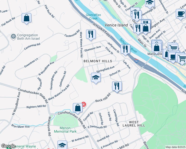 map of restaurants, bars, coffee shops, grocery stores, and more near 30 South Washington Avenue in Bala Cynwyd