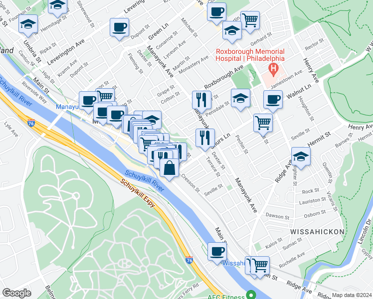 map of restaurants, bars, coffee shops, grocery stores, and more near 4137 Tower Street in Philadelphia