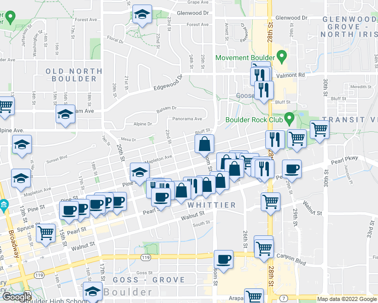 map of restaurants, bars, coffee shops, grocery stores, and more near Mapleton Ave & 24th St in Boulder