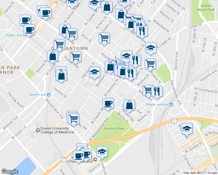 map of restaurants, bars, coffee shops, grocery stores, and more near 5005 Pulaski Avenue in Philadelphia