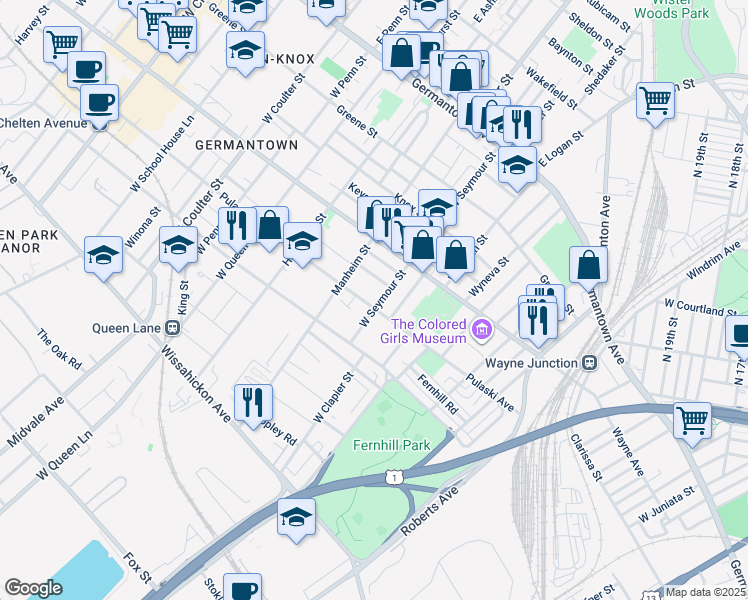 map of restaurants, bars, coffee shops, grocery stores, and more near 5005 Pulaski Avenue in Philadelphia