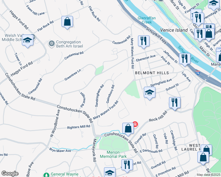 map of restaurants, bars, coffee shops, grocery stores, and more near 1200 Gainsboro Road in Bala Cynwyd