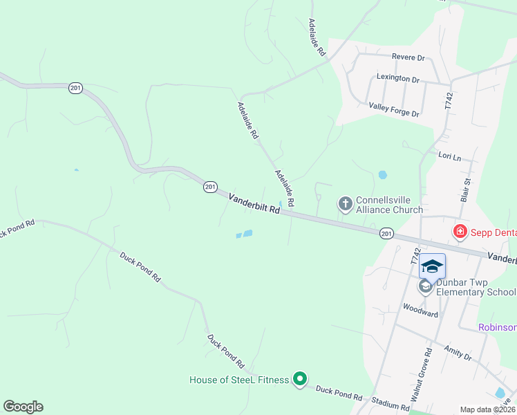 map of restaurants, bars, coffee shops, grocery stores, and more near 545 Pennsylvania 201 in Connellsville