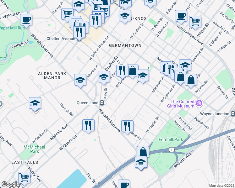 map of restaurants, bars, coffee shops, grocery stores, and more near 427 West Bringhurst Street in Philadelphia