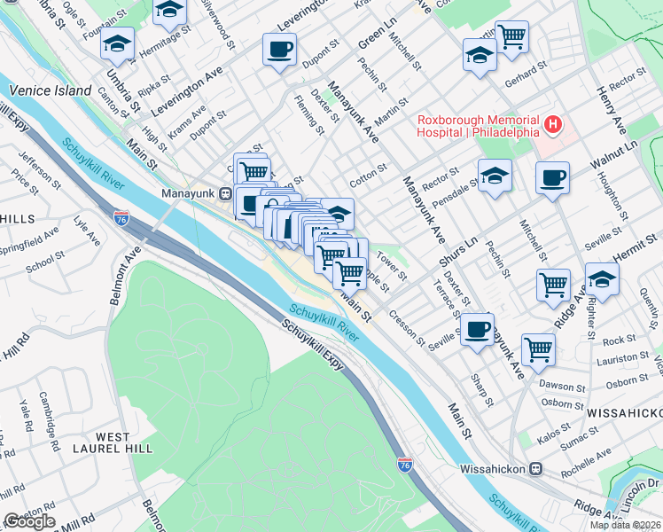 map of restaurants, bars, coffee shops, grocery stores, and more near 4229 Station Street in Philadelphia