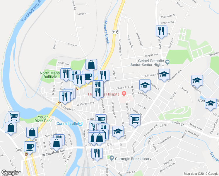 map of restaurants, bars, coffee shops, grocery stores, and more near 210 East Gibson Avenue in Connellsville