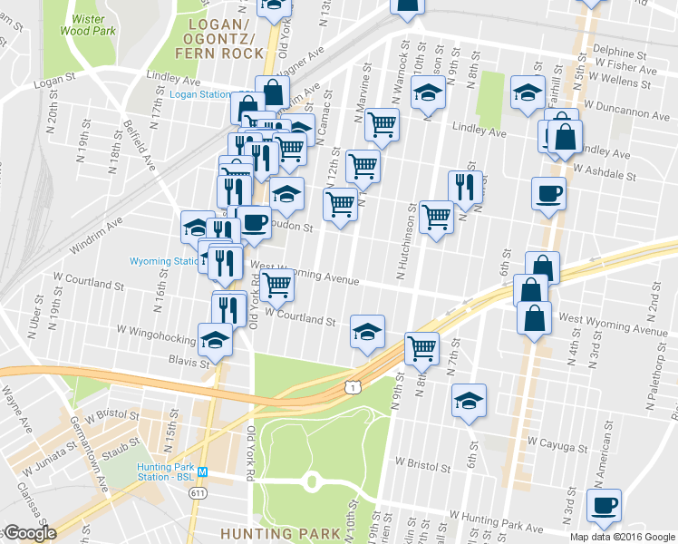 map of restaurants, bars, coffee shops, grocery stores, and more near 1113 Wyoming Avenue in Philadelphia