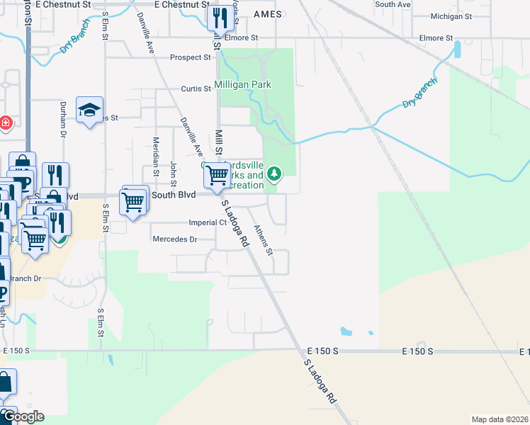 map of restaurants, bars, coffee shops, grocery stores, and more near 1008 Broadway Street in Crawfordsville