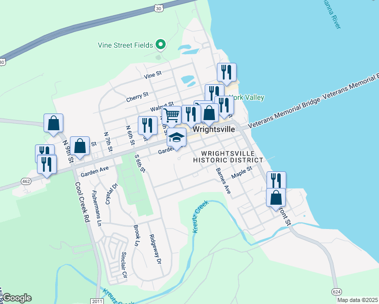 map of restaurants, bars, coffee shops, grocery stores, and more near 320 Chestnut Street in Wrightsville