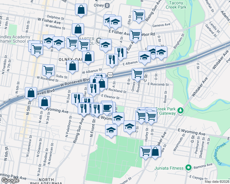 map of restaurants, bars, coffee shops, grocery stores, and more near 4903 A Street in Philadelphia