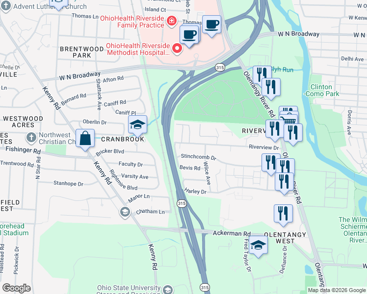 map of restaurants, bars, coffee shops, grocery stores, and more near 820 Riverview Drive in Columbus