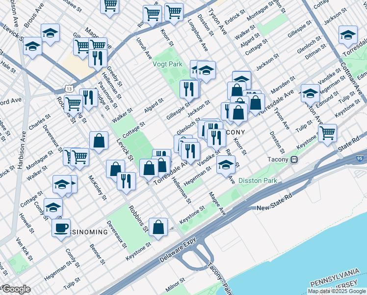 map of restaurants, bars, coffee shops, grocery stores, and more near 4611 Magee Avenue in Philadelphia