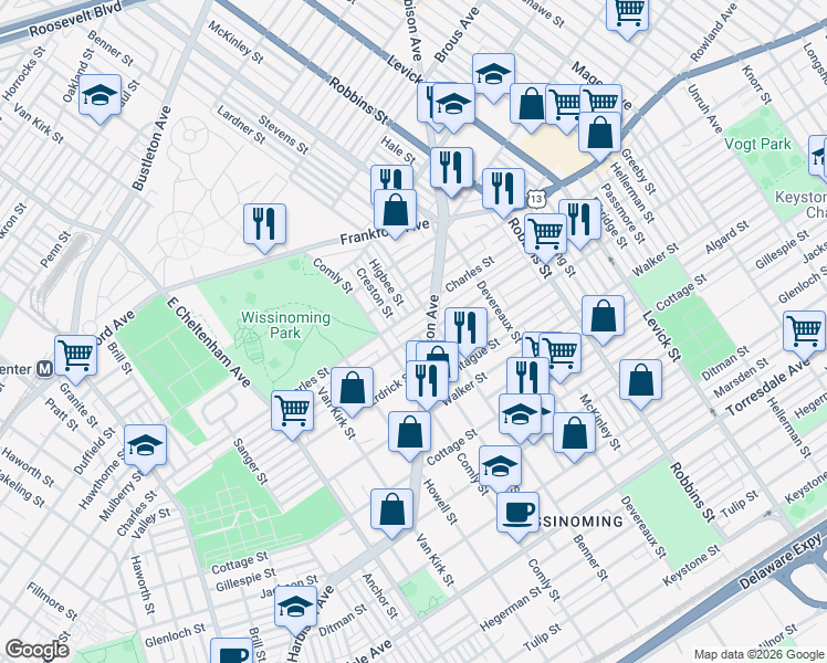 map of restaurants, bars, coffee shops, grocery stores, and more near 6060 Harbison Avenue in Philadelphia
