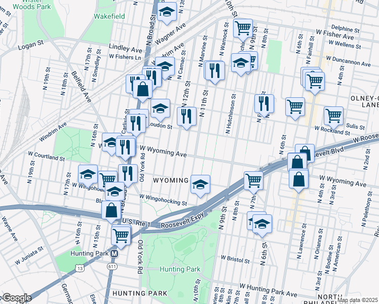 map of restaurants, bars, coffee shops, grocery stores, and more near 1113 Wyoming Avenue in Philadelphia