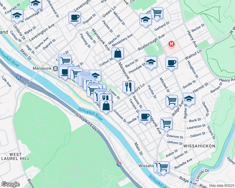 map of restaurants, bars, coffee shops, grocery stores, and more near 4137 Tower Street in Philadelphia