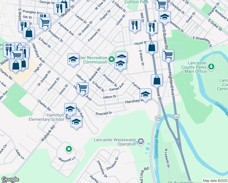map of restaurants, bars, coffee shops, grocery stores, and more near 726 Garnet Avenue in Lancaster