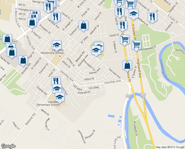 map of restaurants, bars, coffee shops, grocery stores, and more near 726 Garnet Avenue in Lancaster