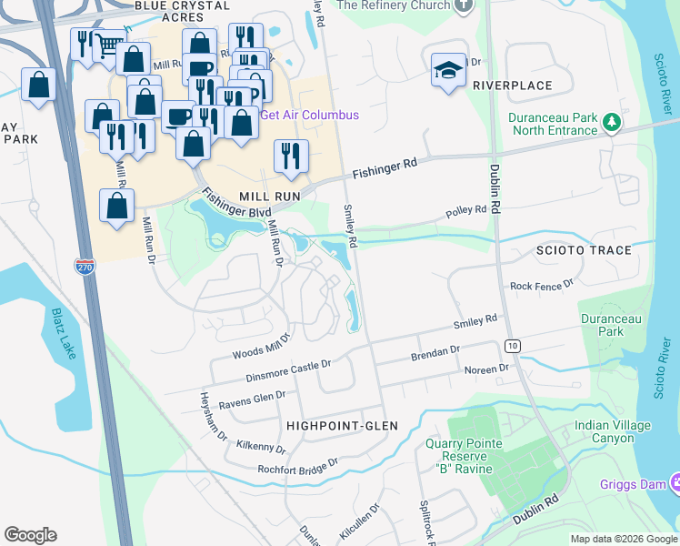 map of restaurants, bars, coffee shops, grocery stores, and more near 3496 Fishinger Mill Drive in Hilliard