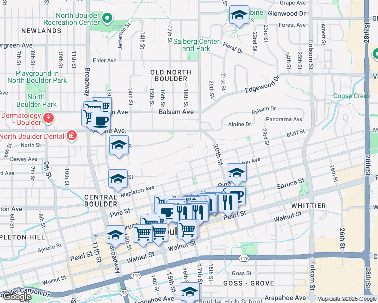 map of restaurants, bars, coffee shops, grocery stores, and more near 1760 Sunset Boulevard in Boulder