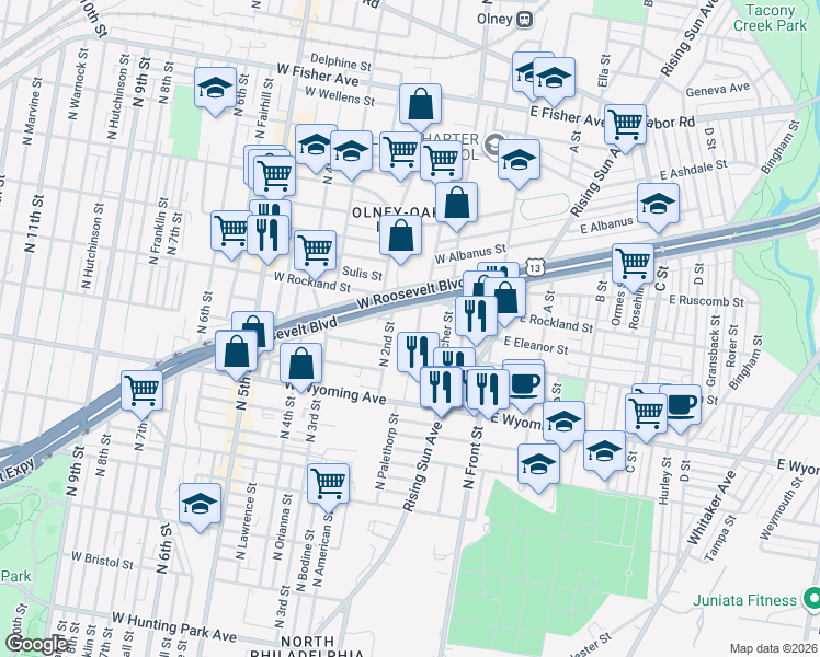 map of restaurants, bars, coffee shops, grocery stores, and more near 4829 North 2nd Street in Philadelphia