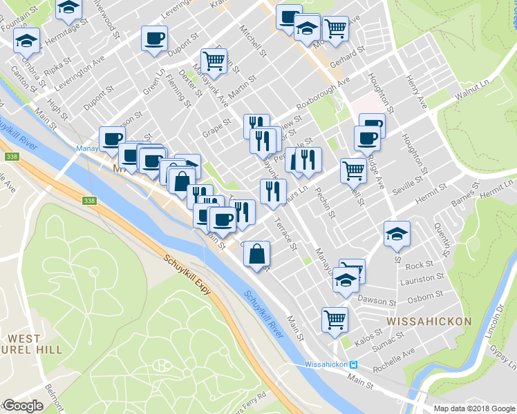 map of restaurants, bars, coffee shops, grocery stores, and more near 4110 Terrace Street in Philadelphia