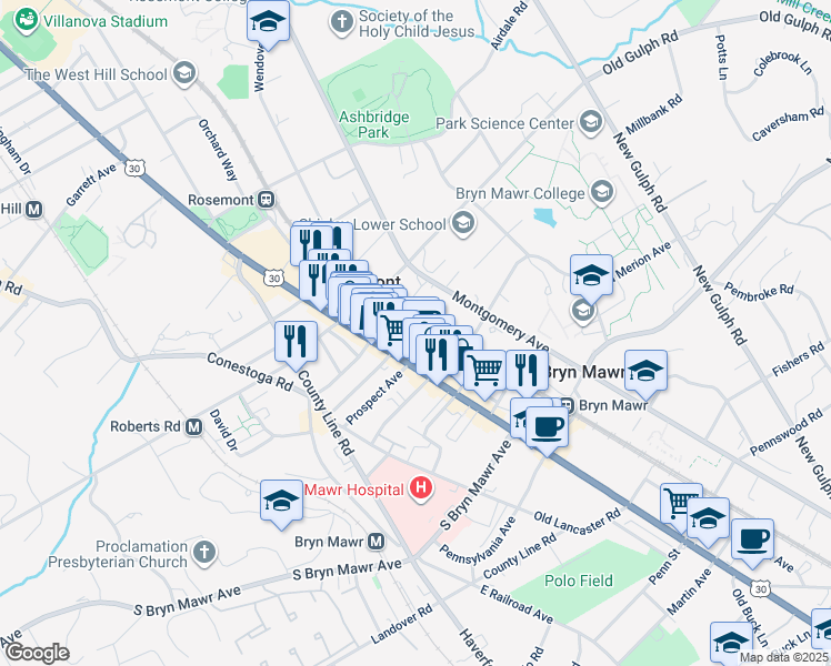map of restaurants, bars, coffee shops, grocery stores, and more near 941 Sargent Avenue in Bryn Mawr