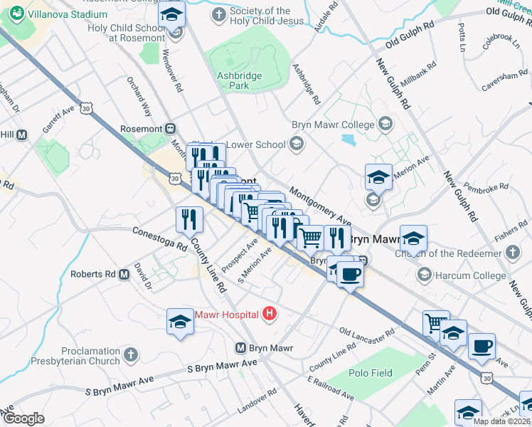 map of restaurants, bars, coffee shops, grocery stores, and more near 922 Montgomery Avenue in Bryn Mawr