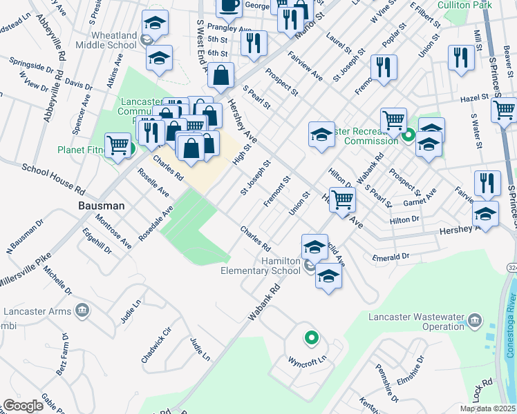 map of restaurants, bars, coffee shops, grocery stores, and more near 1231 Fremont Street in Lancaster