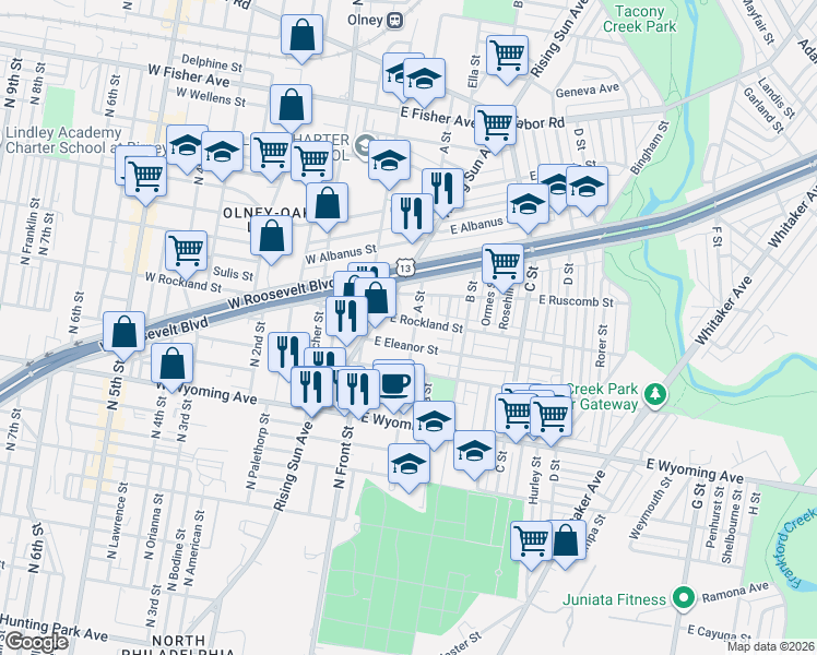 map of restaurants, bars, coffee shops, grocery stores, and more near 4903 A Street in Philadelphia