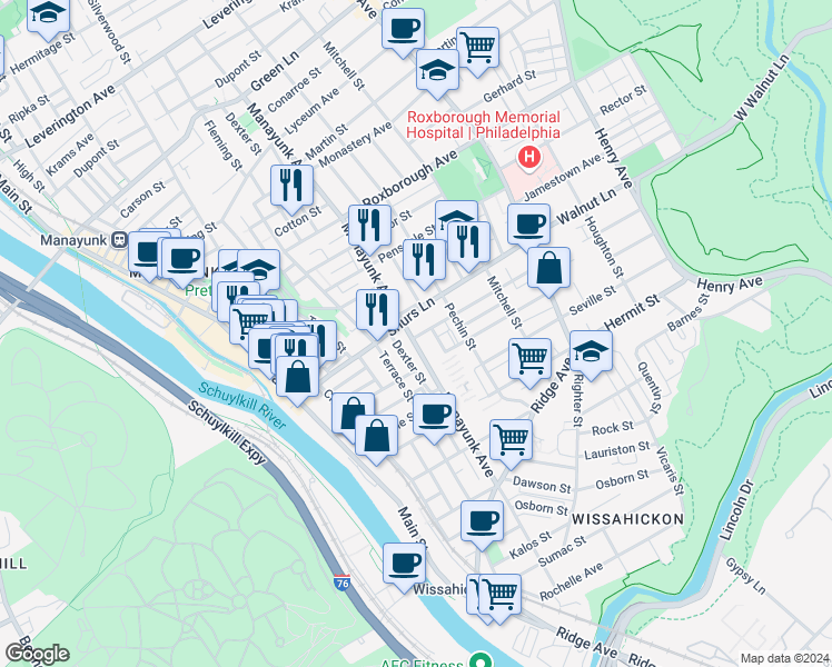 map of restaurants, bars, coffee shops, grocery stores, and more near 4079 Manayunk Avenue in Philadelphia