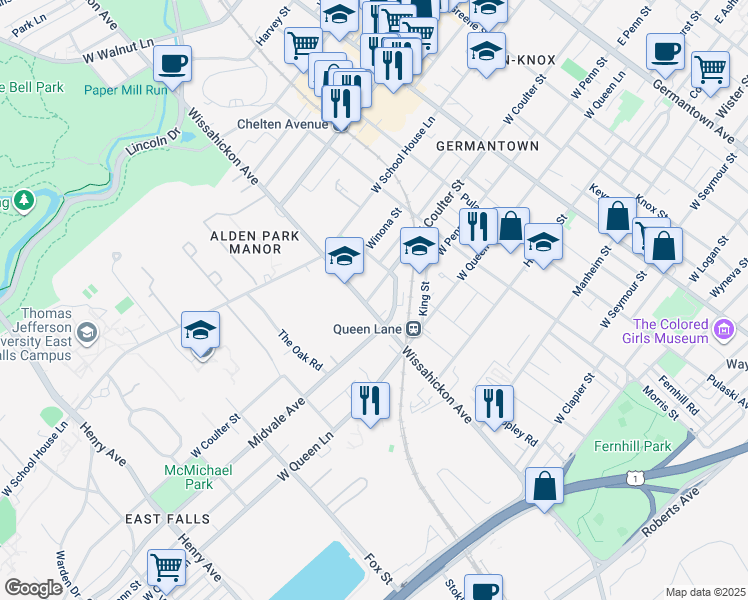 map of restaurants, bars, coffee shops, grocery stores, and more near 5381 Wissahickon Avenue in Philadelphia