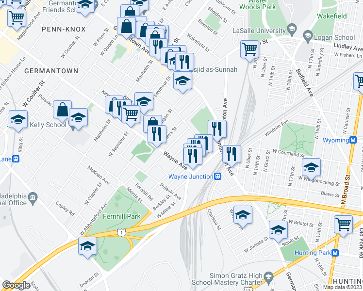 map of restaurants, bars, coffee shops, grocery stores, and more near 139 West Sylvania Street in Philadelphia
