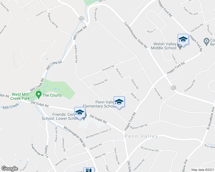 map of restaurants, bars, coffee shops, grocery stores, and more near 825 Chauncey Road in Penn Valley