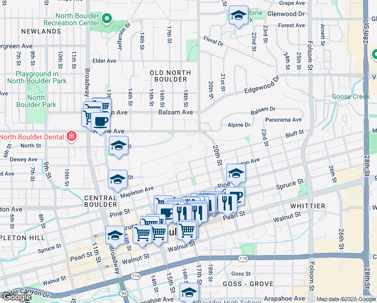map of restaurants, bars, coffee shops, grocery stores, and more near 1760 Sunset Boulevard in Boulder