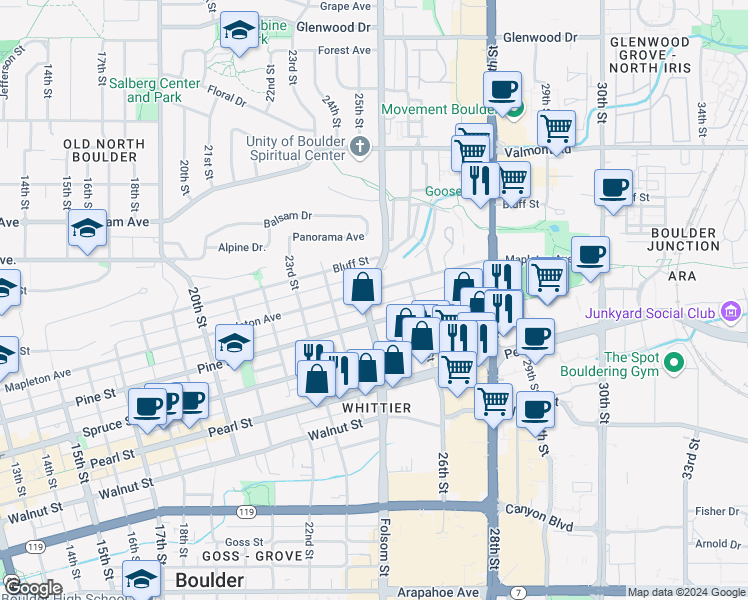 map of restaurants, bars, coffee shops, grocery stores, and more near 2475 Mapleton Avenue in Boulder
