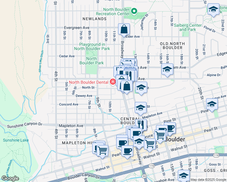 map of restaurants, bars, coffee shops, grocery stores, and more near 1001 North Street in Boulder