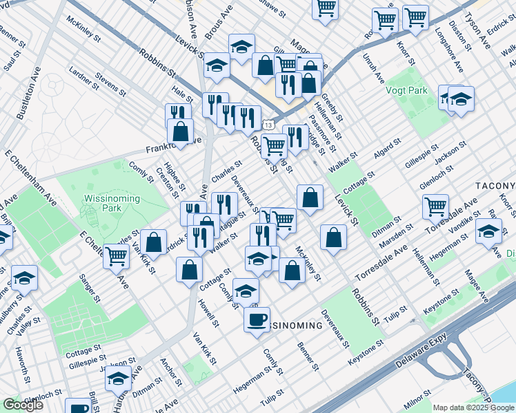 map of restaurants, bars, coffee shops, grocery stores, and more near 6201 Erdrick Street in Philadelphia