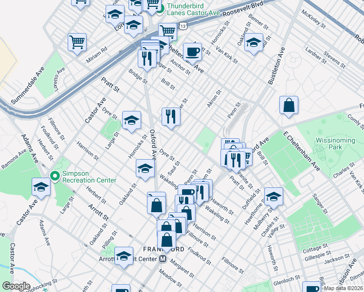 map of restaurants, bars, coffee shops, grocery stores, and more near 5152 Akron Street in Philadelphia