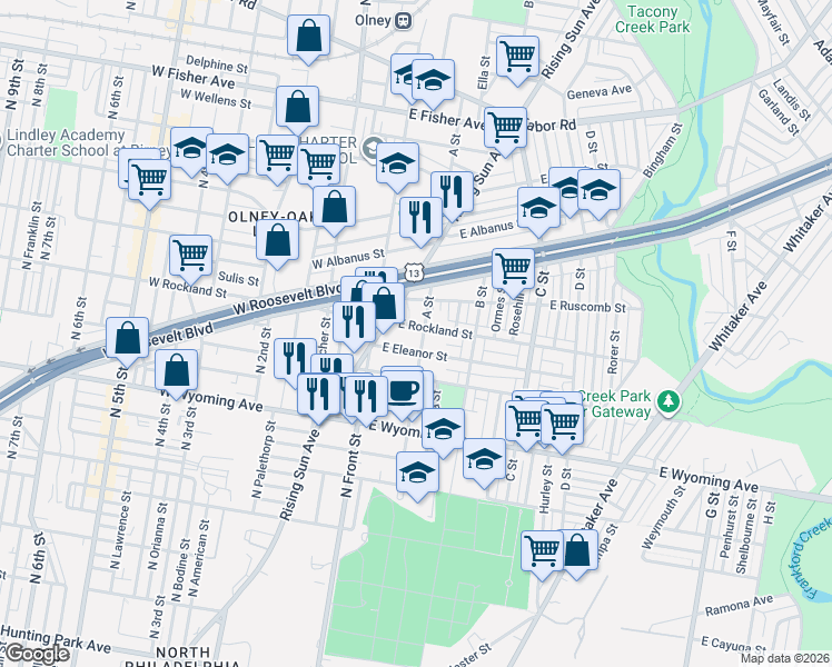 map of restaurants, bars, coffee shops, grocery stores, and more near 4903 A Street in Philadelphia