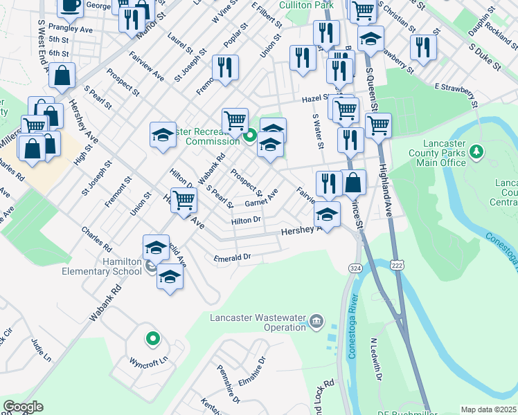 map of restaurants, bars, coffee shops, grocery stores, and more near 730 Garnet Avenue in Lancaster