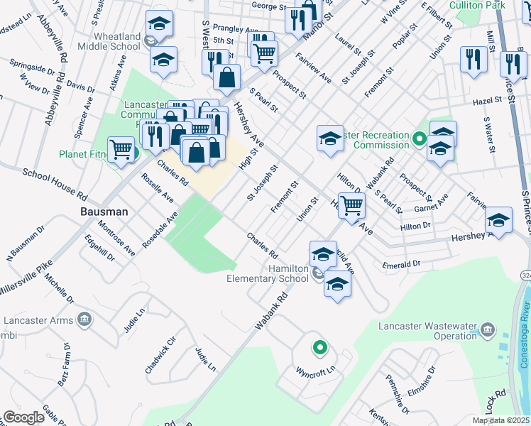map of restaurants, bars, coffee shops, grocery stores, and more near 1231 Fremont Street in Lancaster