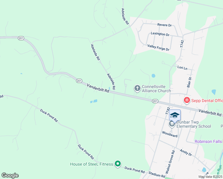 map of restaurants, bars, coffee shops, grocery stores, and more near 107 Adelaide Road in Connellsville